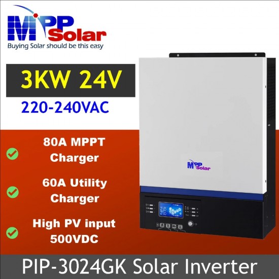 Inverter-Charger & Ρυθμιστής Φόρτισης MPPSOLAR 3.000W/24V/60Adc MPPT/80A/500maxVoc (PIP-3024GK)